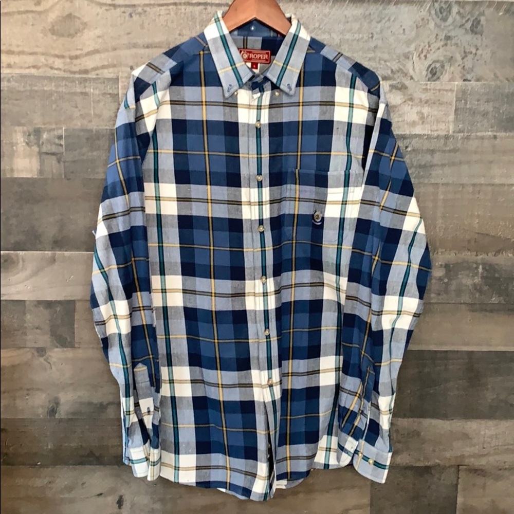 Blue And White Plaid Roper Button Down Long Sleeve Shirt